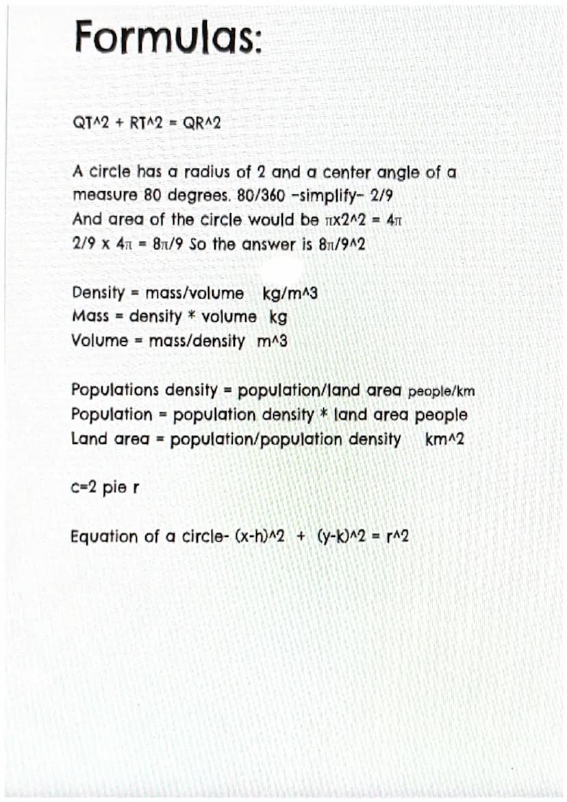 Formulas:
Area of a triangle
Area of a circle
- A-½ LH
-A= π r^2 m^2
- A-½ h (a+b) m^2
A= Ashaded Atriangle-Arectangle
A= BH y^3 B=₂*a*b
- A