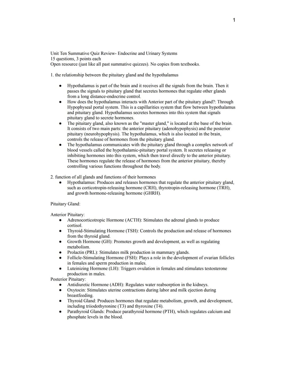 Unit Ten Summative Quiz Review- Endocrine and Urinary Systems
15 questions, 3 points each
Open resource (just like all past summative quizze
