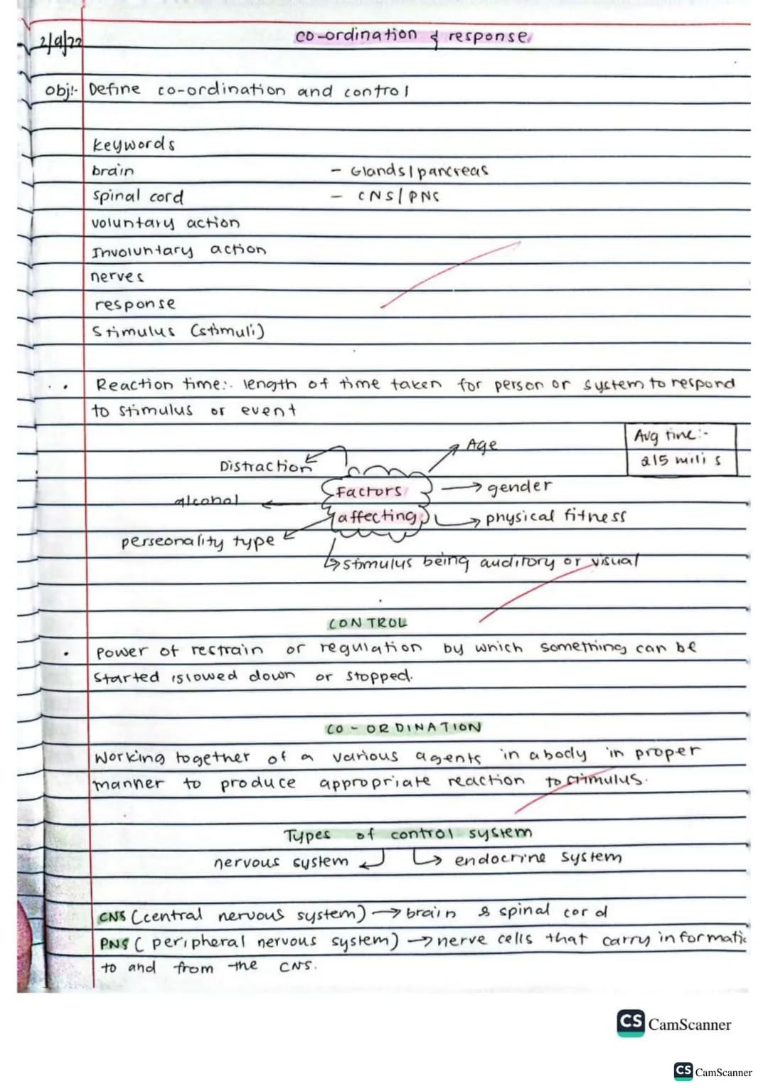 √2/9/22
obj: Define co-ordination and control
keywords
brain
spinal cord
voluntary action
Involuntary action
nerves
response
Stimulus (stimu