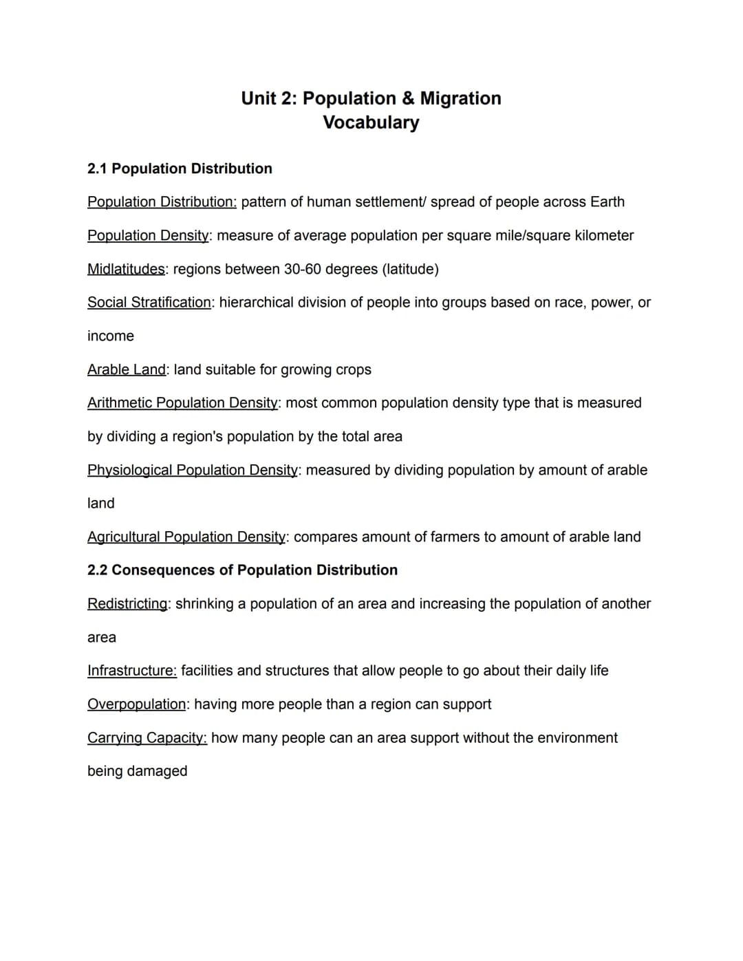 2.1 Population Distribution
Unit 2: Population & Migration
Vocabulary
Population Distribution: pattern of human settlement/ spread of people
