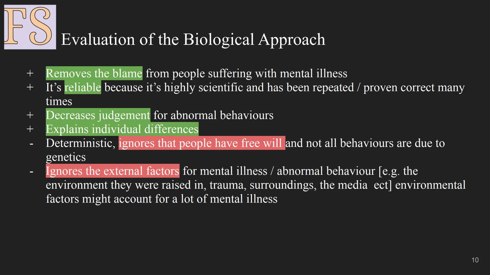FS
The Biological Approach
1 FS
Assumption:
All human behaviour has a physical biological cause, this includes
abnormal behaviour and mental