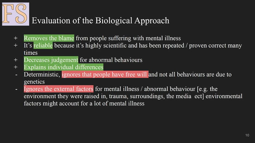 FS
The Biological Approach
1 FS
Assumption:
All human behaviour has a physical biological cause, this includes
abnormal behaviour and mental