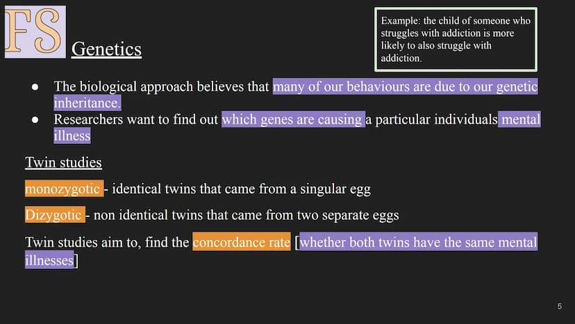 FS
The Biological Approach
1 FS
Assumption:
All human behaviour has a physical biological cause, this includes
abnormal behaviour and mental