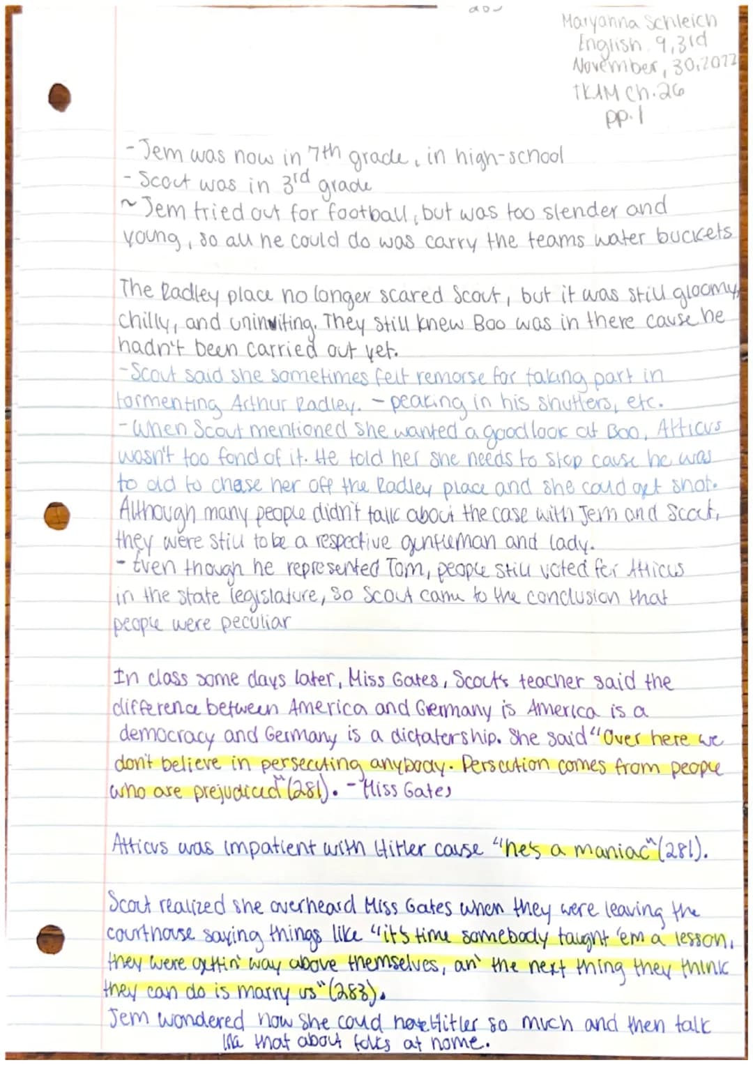 247
Maryanna Sameich
English 9, 3rd
November 28, 2022
ткам сh. 22
PP.1
Chapter 22
not a
As they walked home from the trial, Jem started to c