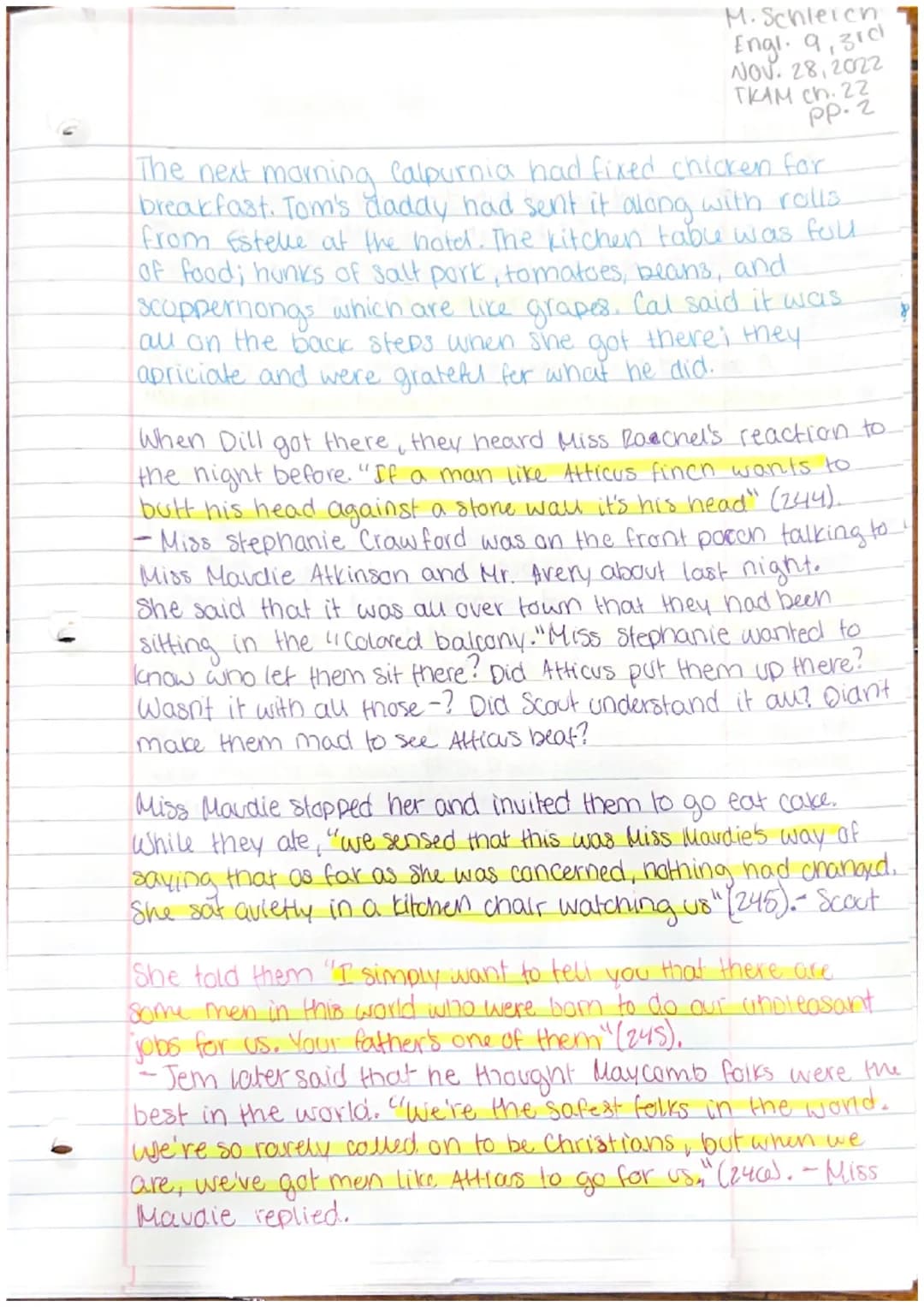 247
Maryanna Sameich
English 9, 3rd
November 28, 2022
ткам сh. 22
PP.1
Chapter 22
not a
As they walked home from the trial, Jem started to c