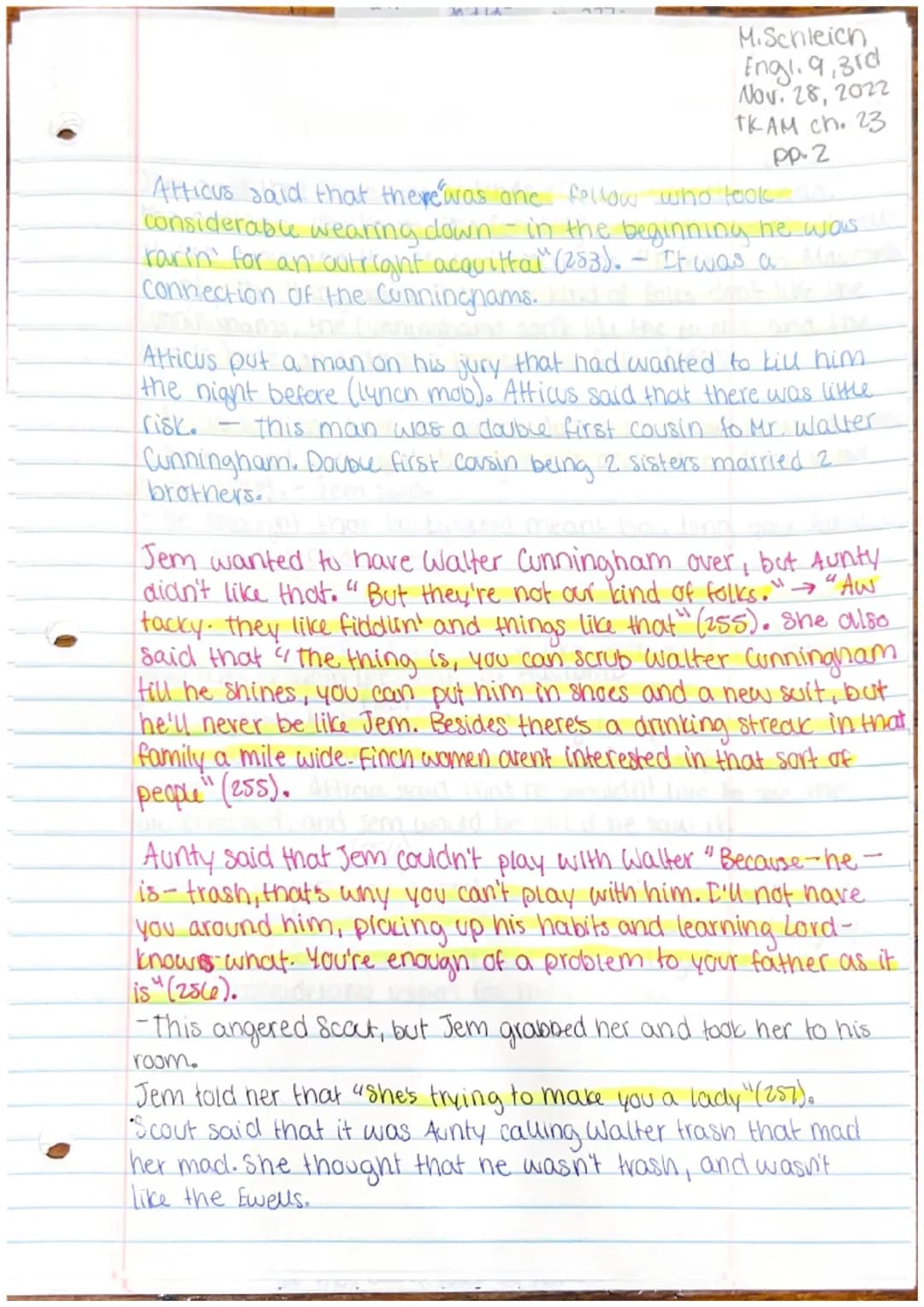 247
Maryanna Sameich
English 9, 3rd
November 28, 2022
ткам сh. 22
PP.1
Chapter 22
not a
As they walked home from the trial, Jem started to c