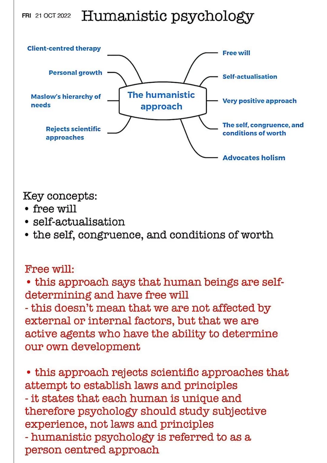 FRI 21 OCT 2022 Humanistic psychology
Client-centred therapy
●
●
Personal growth
Key concepts:
• free will
Maslow's hierarchy of
needs
●
Rej