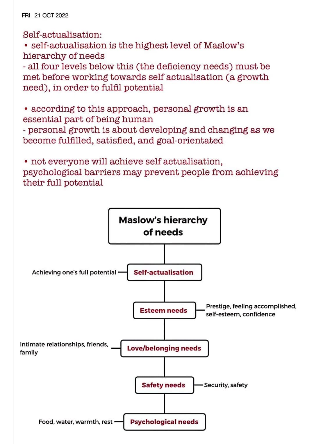 FRI 21 OCT 2022 Humanistic psychology
Client-centred therapy
●
●
Personal growth
Key concepts:
• free will
Maslow's hierarchy of
needs
●
Rej