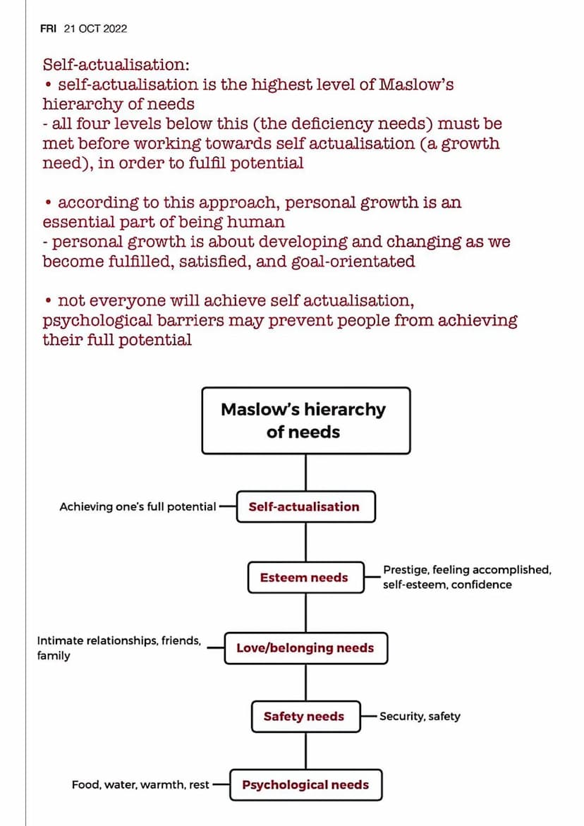 FRI 21 OCT 2022 Humanistic psychology
Client-centred therapy
●
●
Personal growth
Key concepts:
• free will
Maslow's hierarchy of
needs
●
Rej