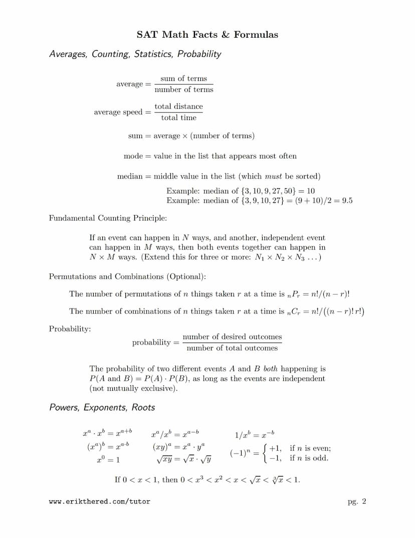 Numbers, Sequences, Factors
Integers:
Reals:
Order Of Operations:
Arithmetic Sequences:
Geometric Sequences:
Prime Factorization:
SAT Math F