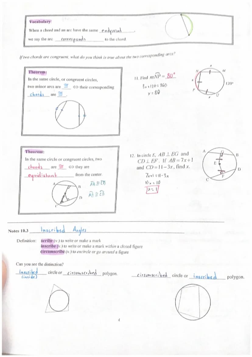 Geometry
Chapter 10-Circles
Notes 10.1
1 Tangent & Chords
Write the definition of the following. Draw and label them on the circle provided.