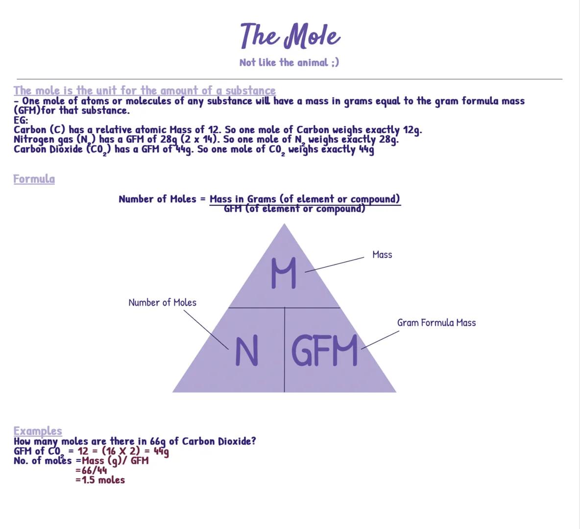 # The Mole
Not like the animal ;)

The mole is the unit for the amount of a substance
- One mole of atoms or molecules of any substance will