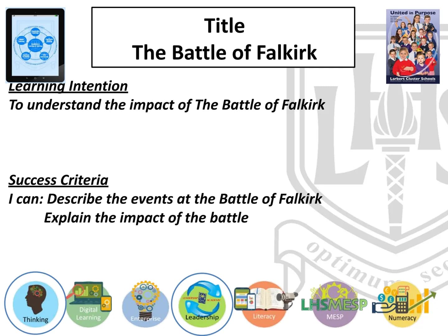 Battle of Falkirk
Learning Intention: To understand the impact of The Battle of
Falkirk
Success Criteria
I can: Describe the events at the B