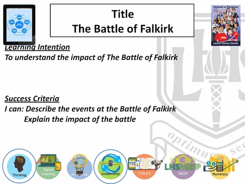 Battle of Falkirk
Learning Intention: To understand the impact of The Battle of
Falkirk
Success Criteria
I can: Describe the events at the B