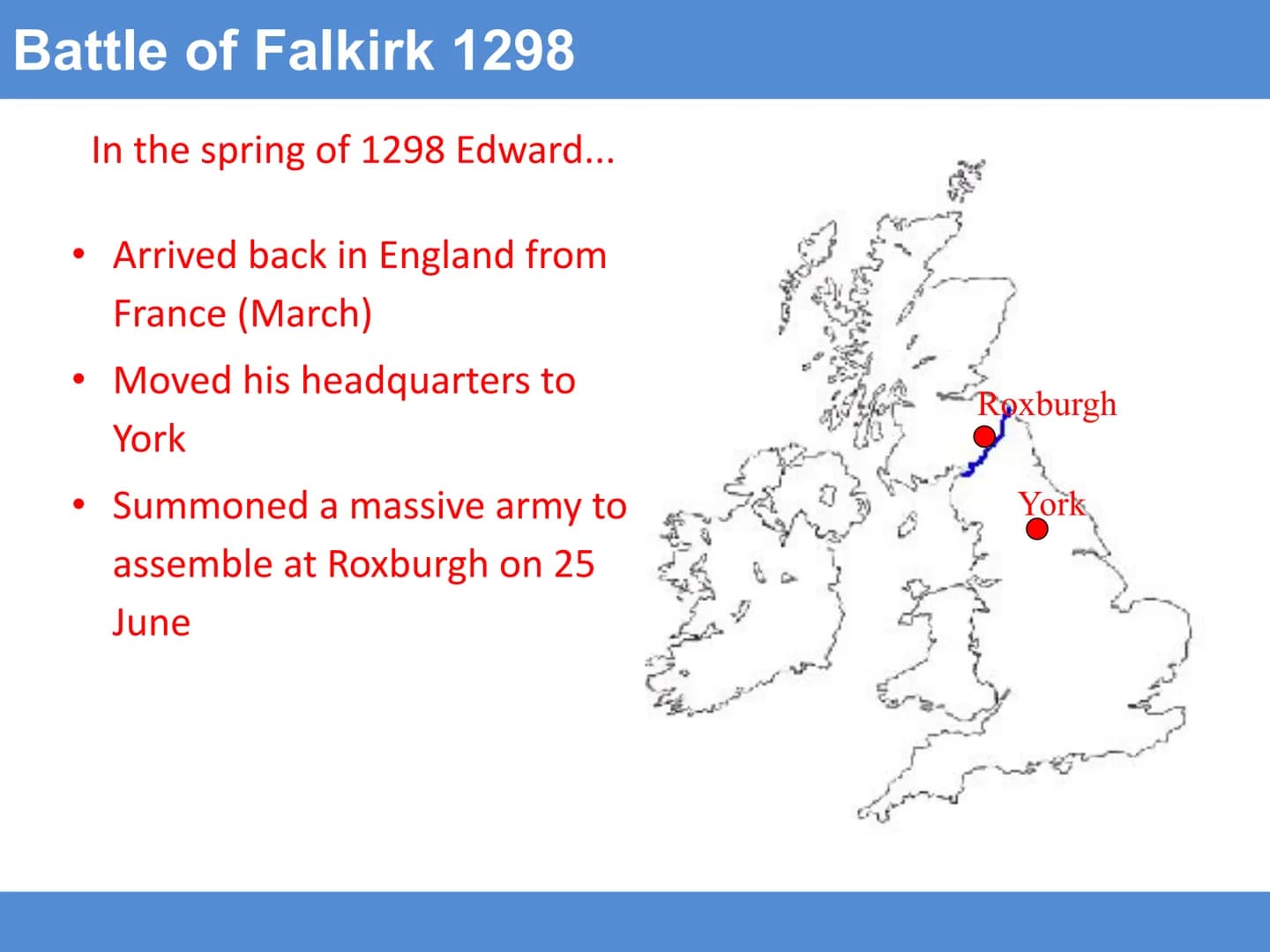 Battle of Falkirk
Learning Intention: To understand the impact of The Battle of
Falkirk
Success Criteria
I can: Describe the events at the B