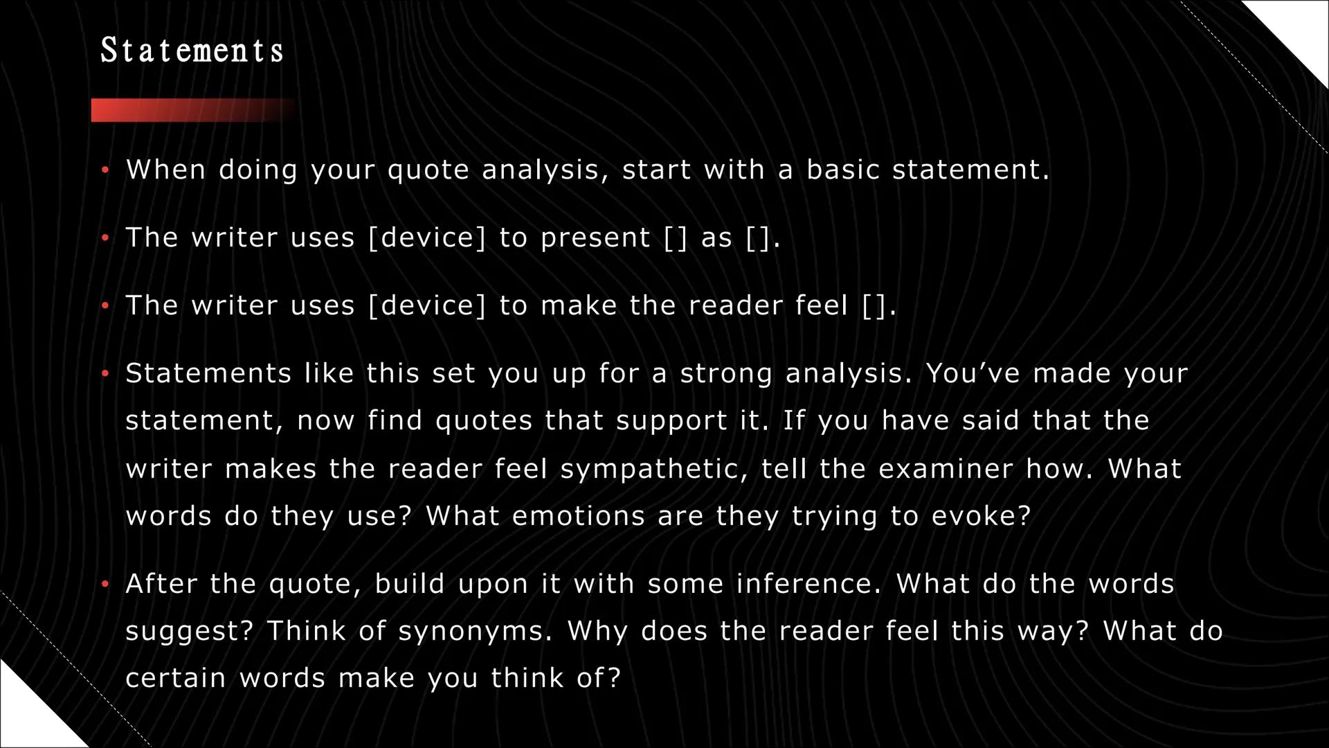 Improving your
quote analysis
A SHORT PRESENTATION ON HOW TO IMPROVE YOUR QUOTE ANALYSIS Read exemplar pieces
A lot of exemplar pieces are w