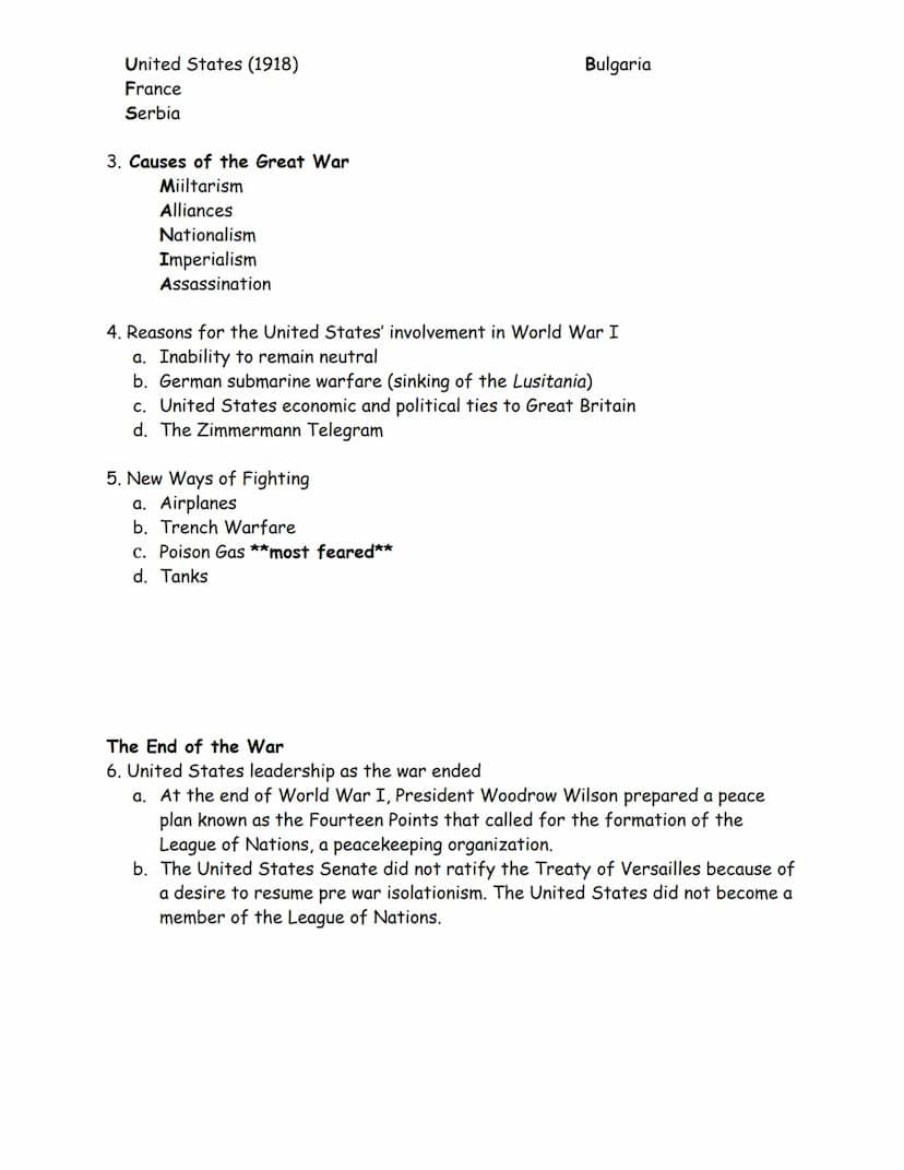 WORLD WAR I
1. Alliances pacts or treaties that promise financial or
military support between
nations
2. Neutral not choosing sides in a dis