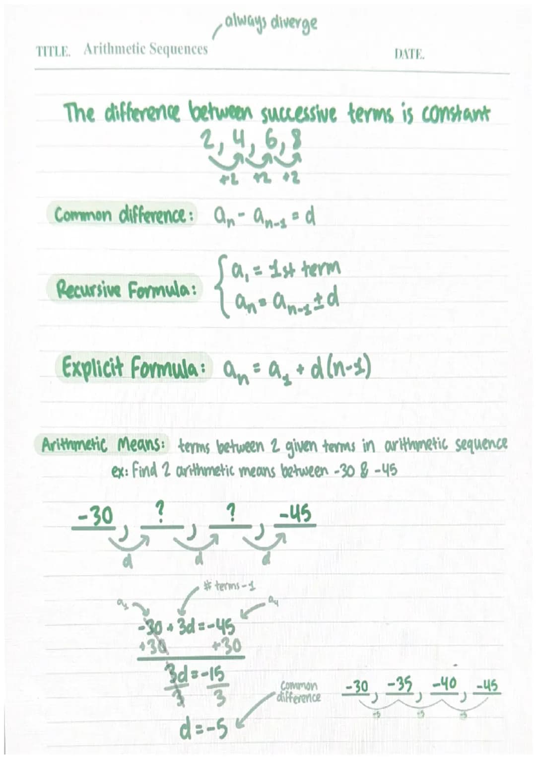 TITLE. Arithmetic Sequences
always diverge
The difference between successive terms is constant
2,
+2 +2 +2
Common difference: an- an-s = d
"