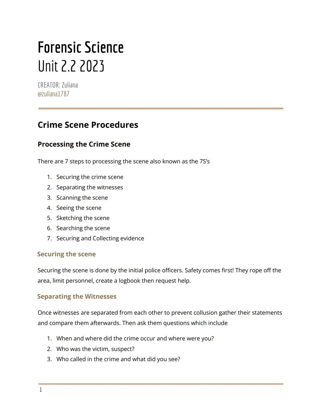 # Forensic Science
Unit 2.2 2023
CREATOR: Zuliana
@zuliana1787

Crime Scene Procedures

Processing the Crime Scene

There are 7 steps to pro