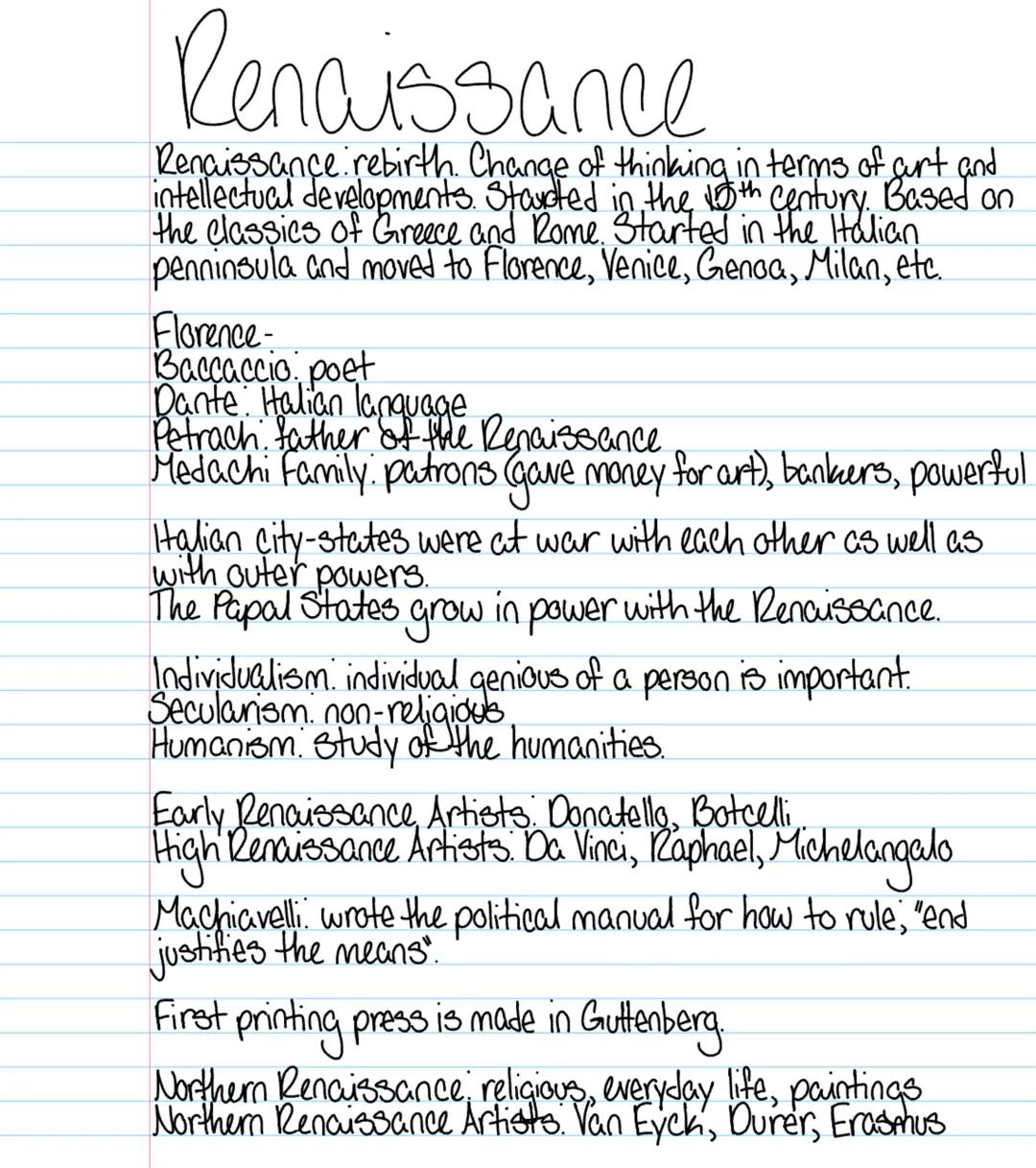 Renaissance
Renaissance rebirth. Change of thinking in terms of gurt and
intellectual developments. Started in the 10th century. Based on
th