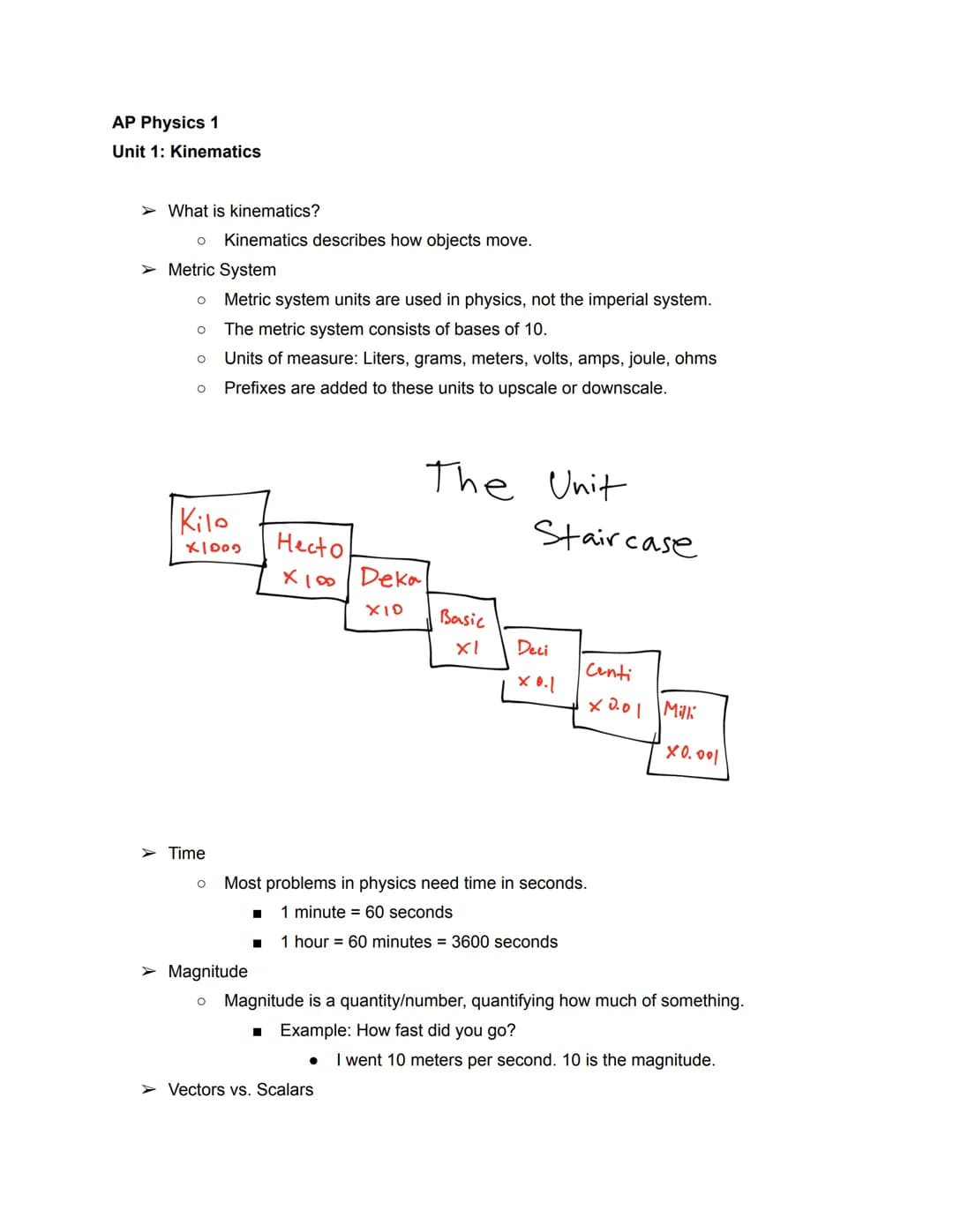 AP Physics 1
Unit 1: Kinematics
➤What is kinematics?
O Kinematics describes how objects move.
>Metric System
Metric system units are used in