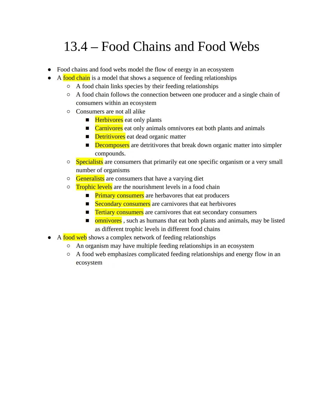 Chapter 13 Section 4: Food Chains and Food Webs