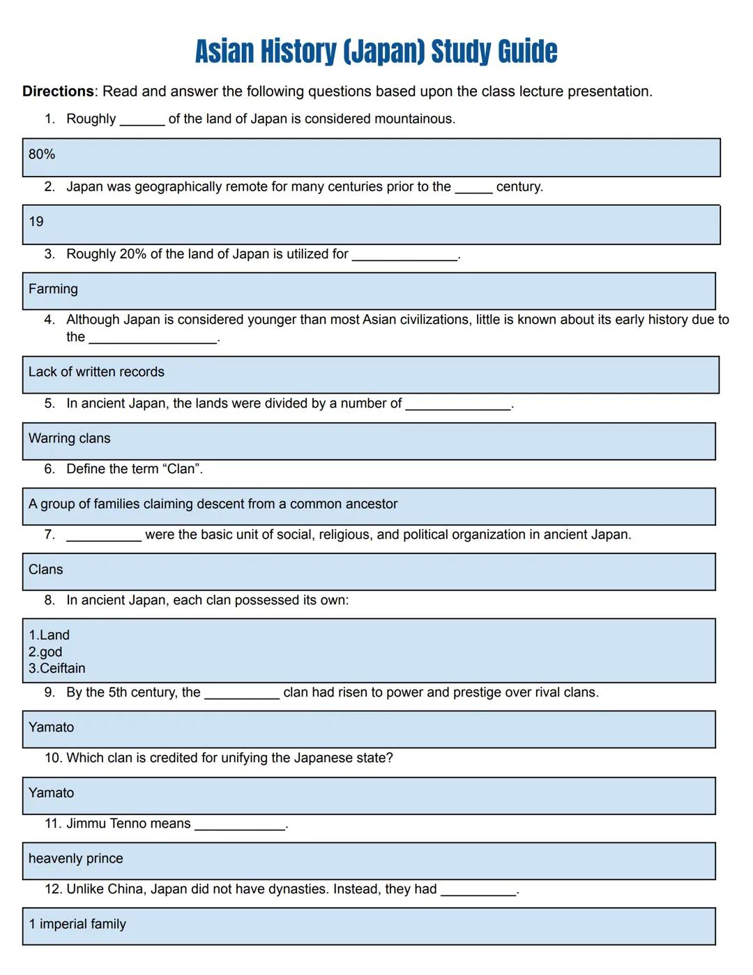 Asian History Study Guide Packet
(Japan)
ASIAN
HISTORY Asian History (Japan) Study Guide
Directions: Read and answer the following questions