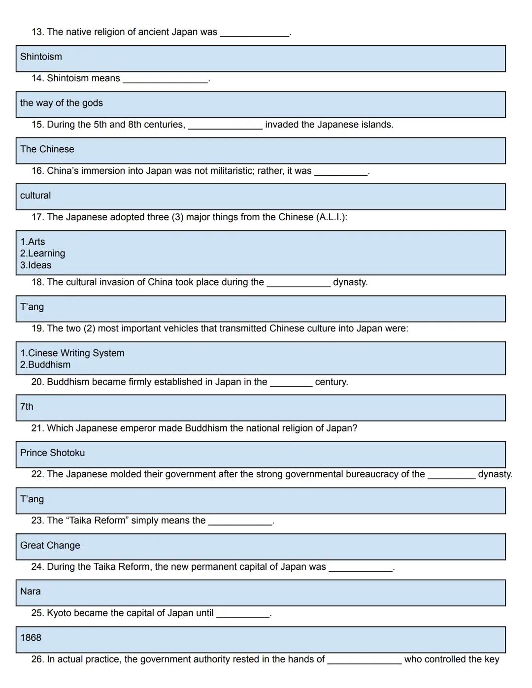 Asian History Study Guide Packet
(Japan)
ASIAN
HISTORY Asian History (Japan) Study Guide
Directions: Read and answer the following questions