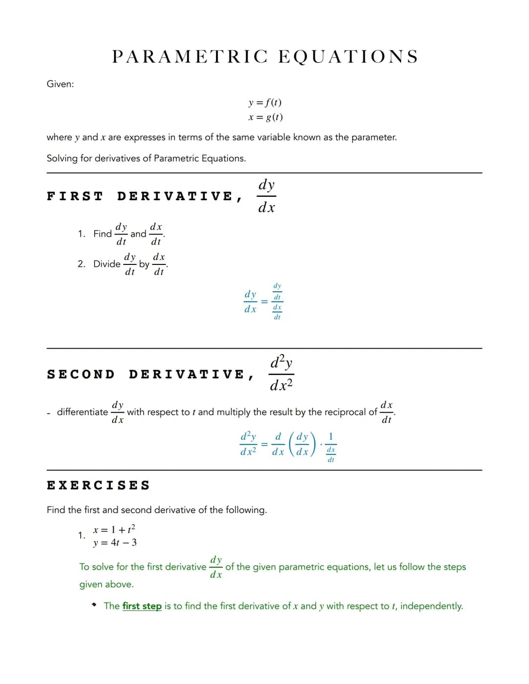Differential Calculus - Derivation of Parametric Equations