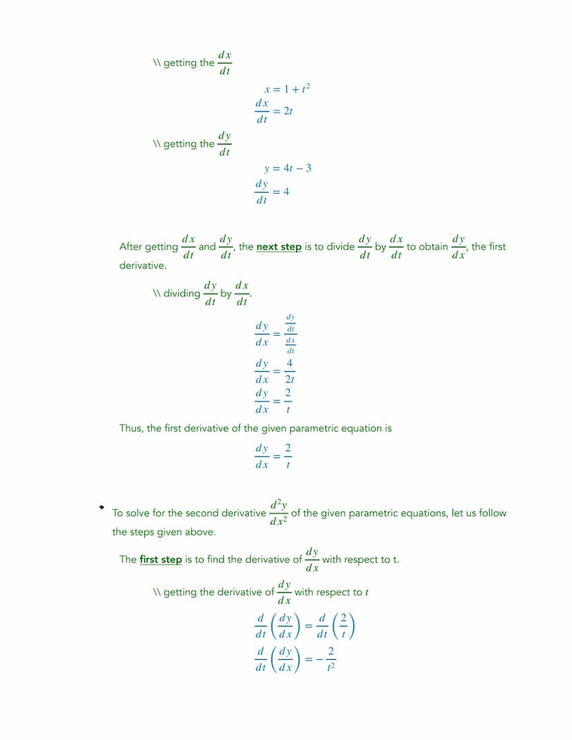 Given:
y = f(t)
x = g(t)
where y and x are expresses in terms of the same variable known as the parameter.
Solving for derivatives of Parame