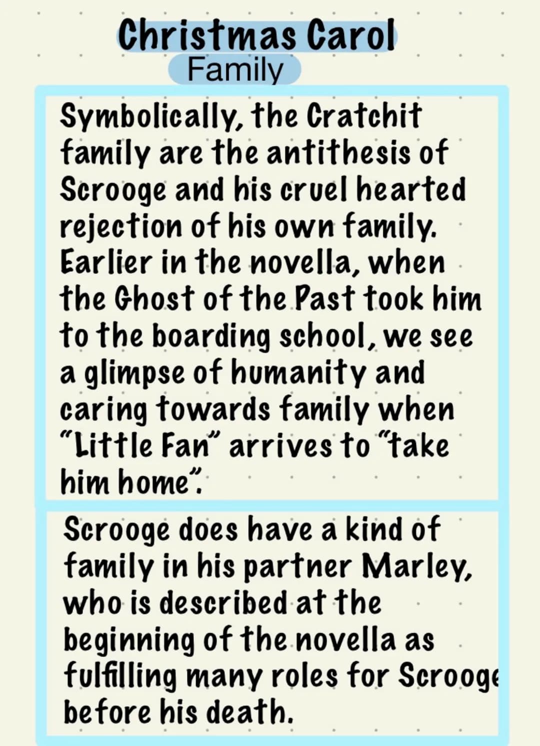 Christmas Carol
Family
Symbolically, the Cratchit
family are the antithesis of
Scrooge and his cruel hearted
rejection of his own family.
Ea