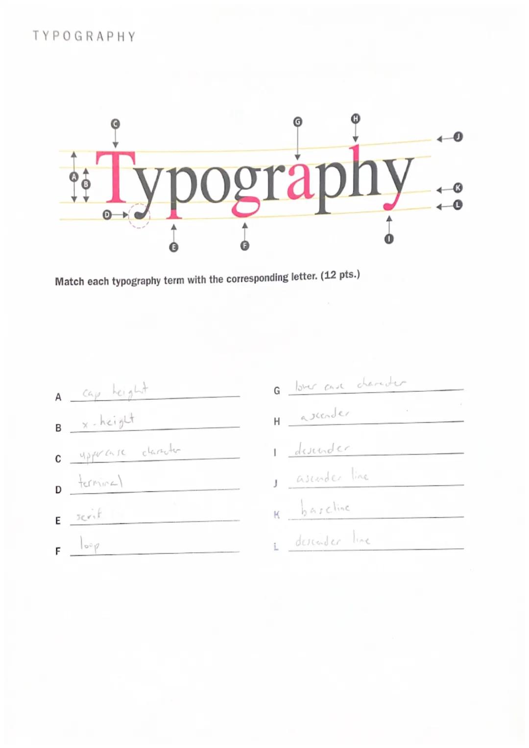 # TYPOGRAPHY

G

40

# Typography ::

Match each typography term with the corresponding letter. (12 pts.)

A cap height

G lover cave cheres