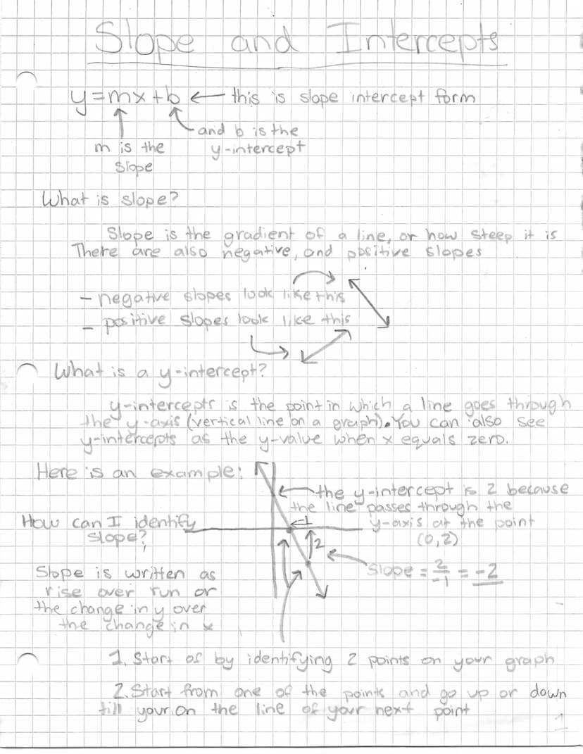 Slope and
and Intercepts
y=m
= mx + b < this is slope intercept form
m is the
Slope
What is slope?
Slope is the gradient of a line, or how s