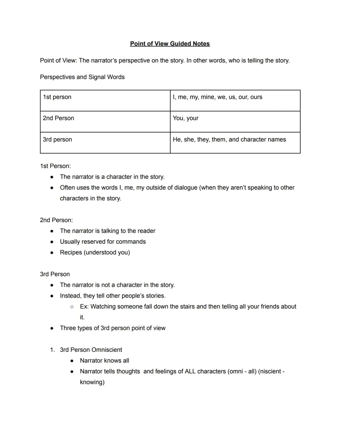 point of view guided notes