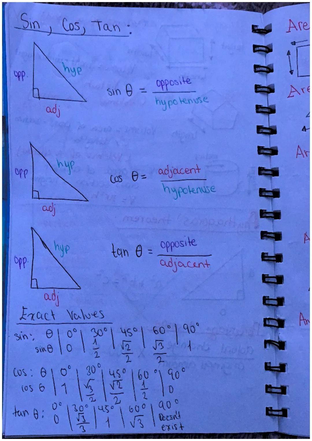Sin, Cos, Tan:

Are

hyp
Opp

Cos = adjacent
adj

opp.

adj

44
hye
sin e =
opposite
hypotenuse

Are
4
Ar
hypotenuse
hyp
tan = opposite

A
O