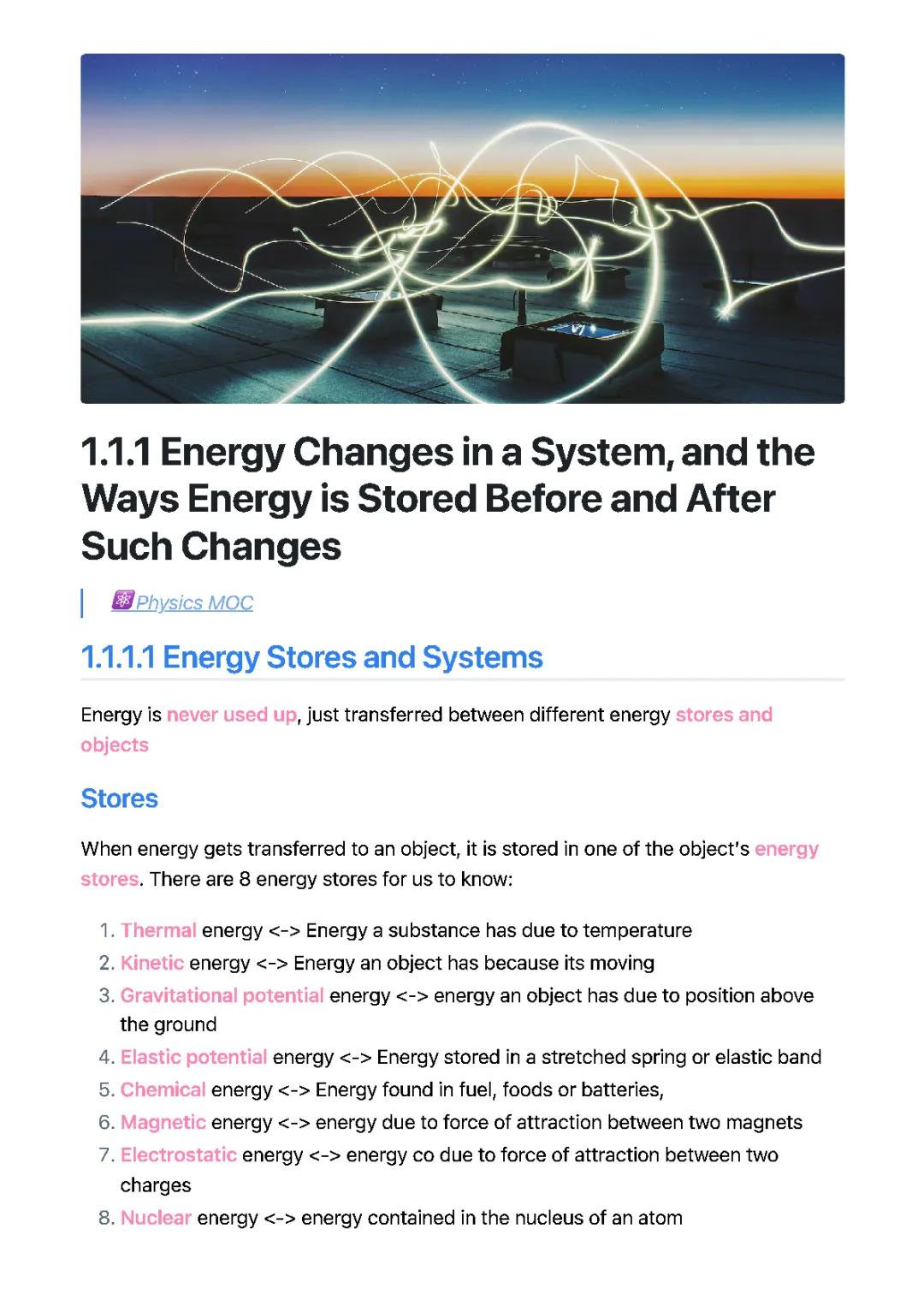 1.1.1 Energy changes in a system, and the ways energy is stored before and after such changes