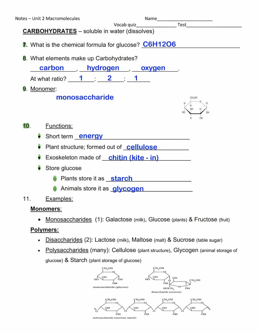 Notes - Unit 2 Macromolecules
1. The prefix_macro
2. What does that tell you about the size of macromolecules? they are large, / complex
5.
