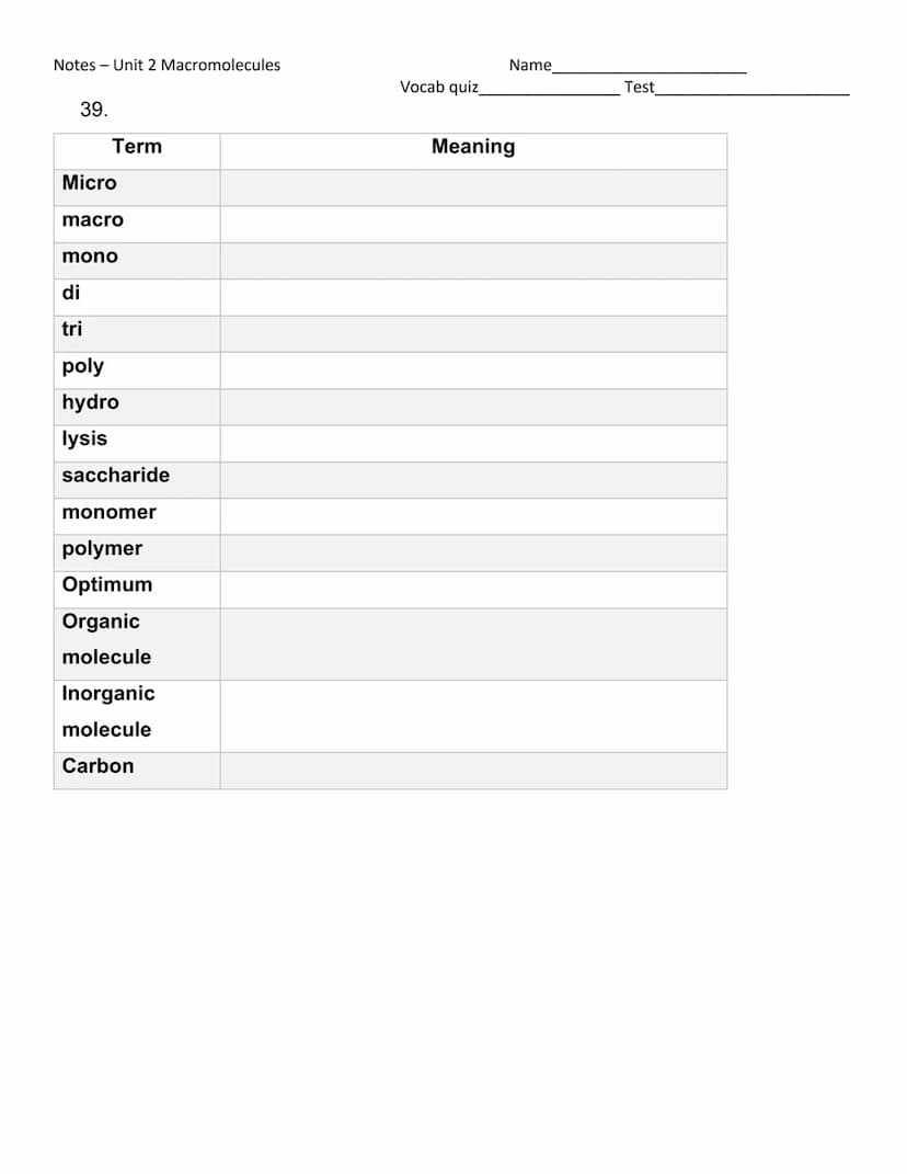 Notes - Unit 2 Macromolecules
1. The prefix_macro
2. What does that tell you about the size of macromolecules? they are large, / complex
5.
