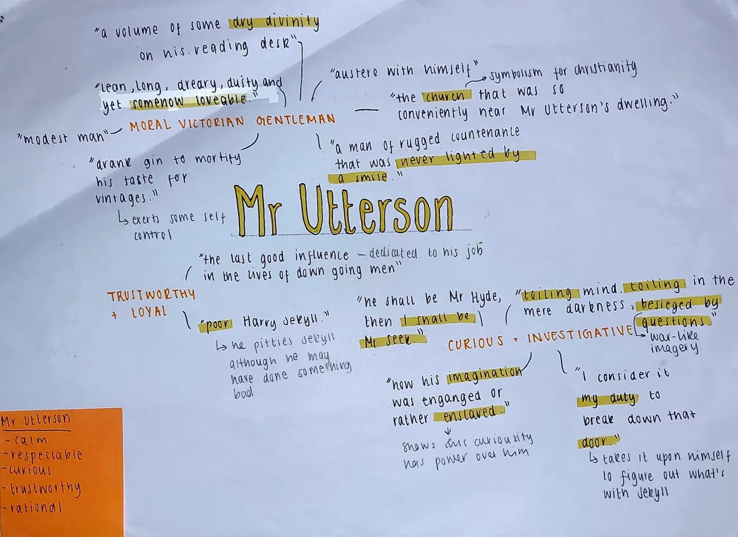 S
Mr Utterson
- calm
-respectable
-curious
"a volume of some dry divinity
on his. reading desk",
"modest man"
- trustworthy
- rational
"Lean