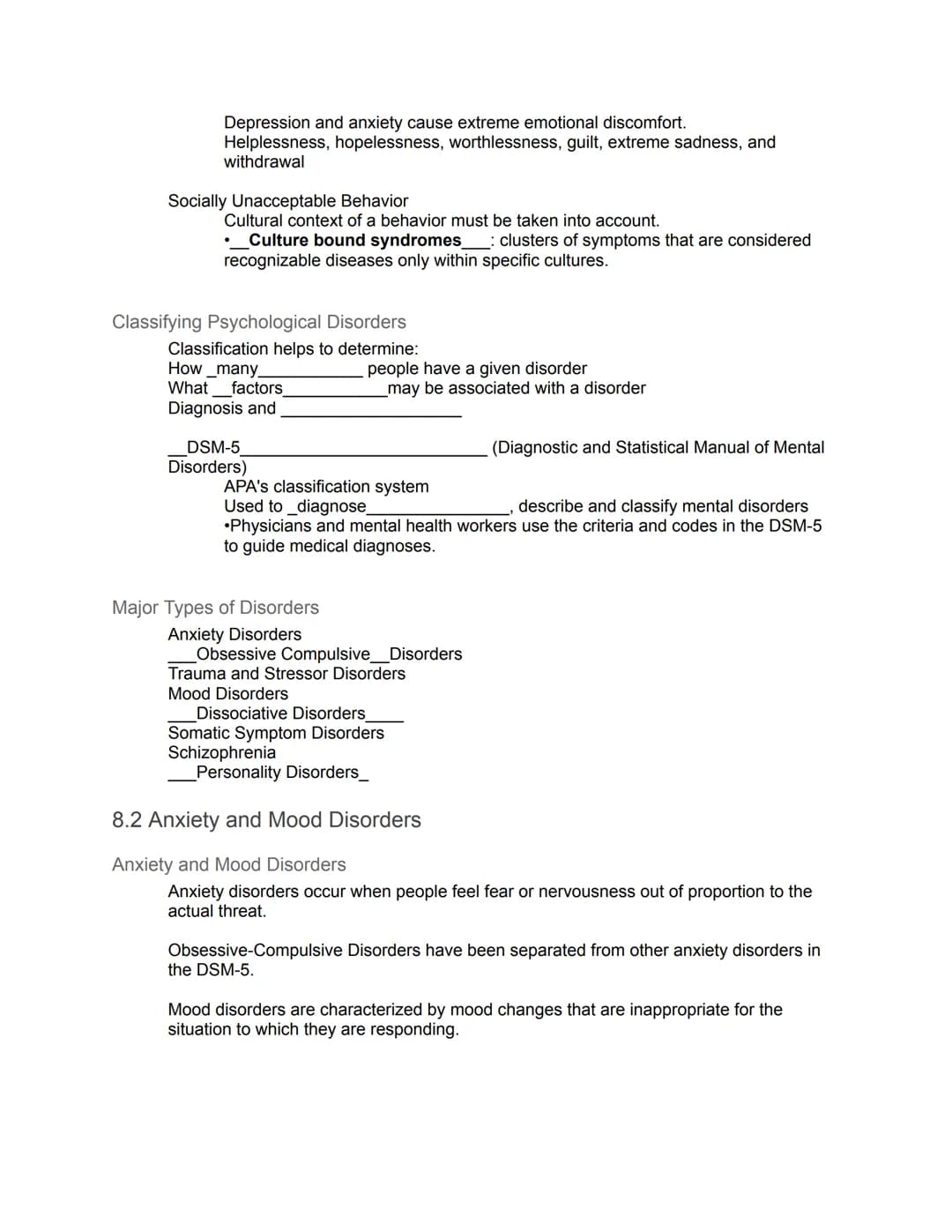 Unit 8: Disorders and Therapies - Guided Notes
8.1 Understanding Psychological Disorders
Psychological disorders are behavior patterns or me