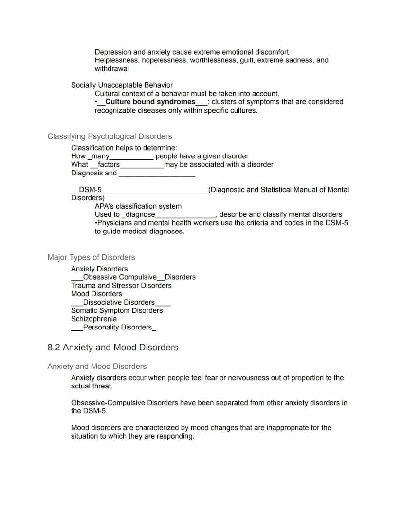 Unit 8: Disorders and Therapies - Guided Notes
8.1 Understanding Psychological Disorders
Psychological disorders are behavior patterns or me