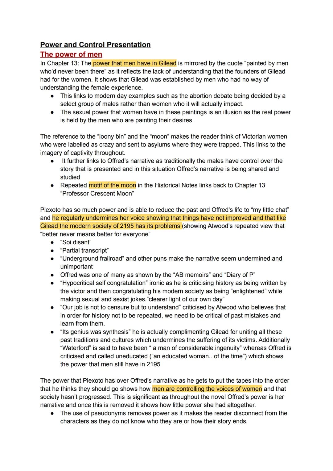 Power and Control Presentation
The power of men
In Chapter 13: The power that men have in Gilead is mirrored by the quote "painted by men
wh