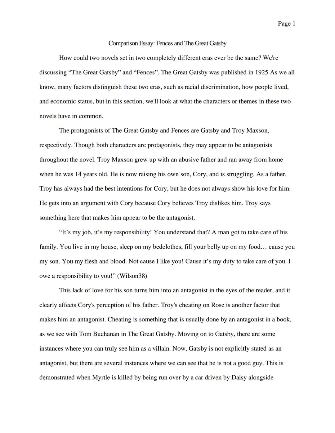 Page 1
Comparison Essay: Fences and The Great Gatsby
How could two novels set in two completely different eras ever be the same? We're
discu