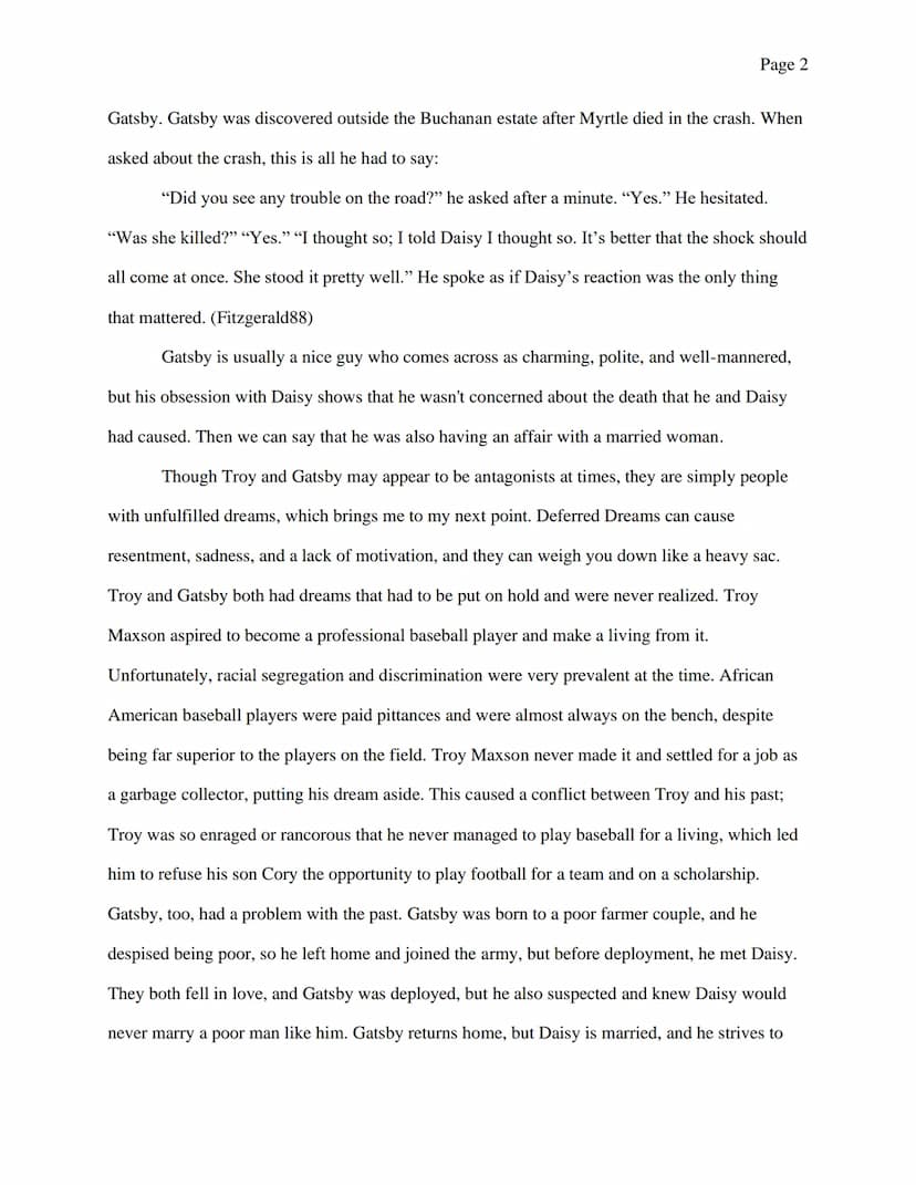 Page 1
Comparison Essay: Fences and The Great Gatsby
How could two novels set in two completely different eras ever be the same? We're
discu