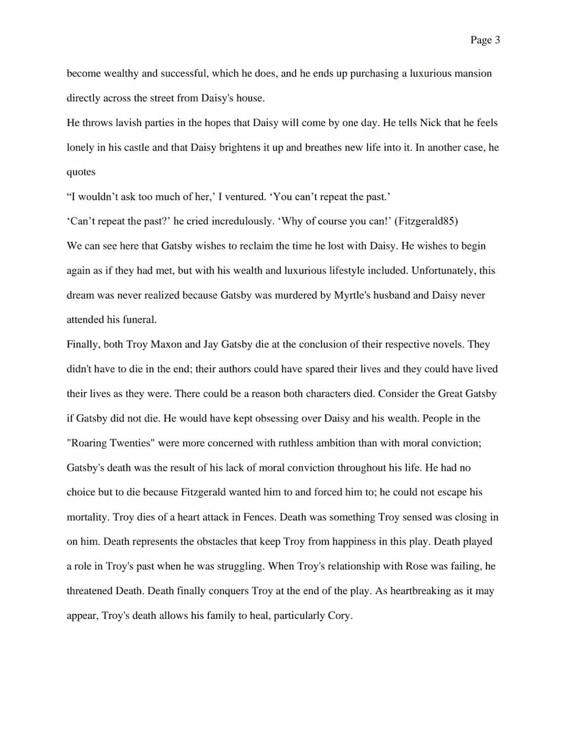 Page 1
Comparison Essay: Fences and The Great Gatsby
How could two novels set in two completely different eras ever be the same? We're
discu