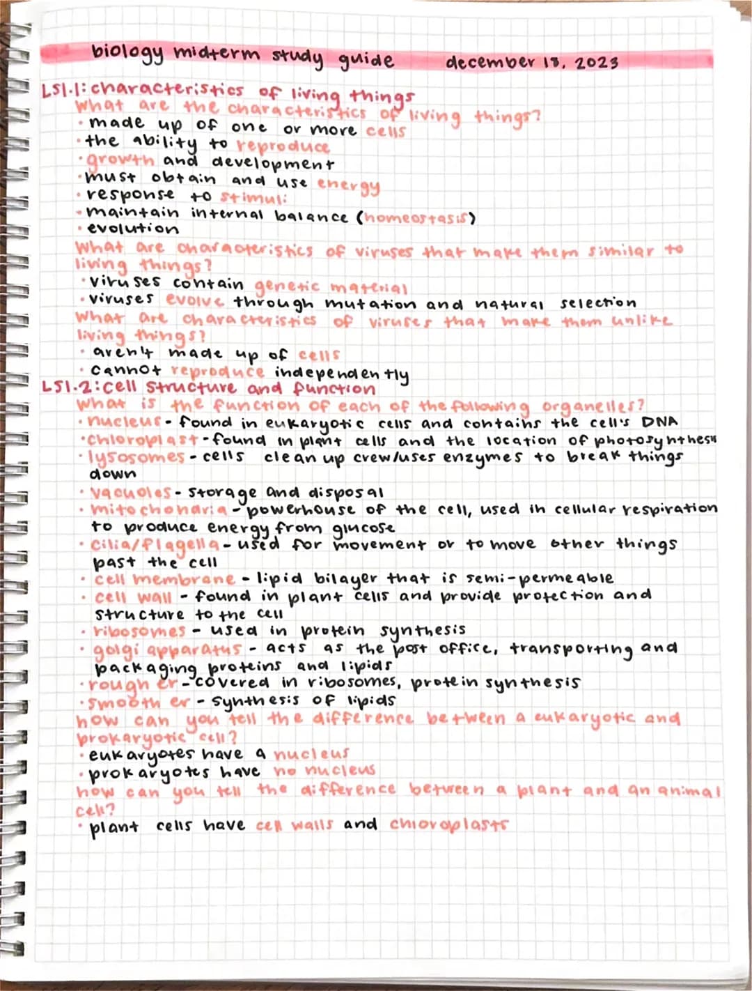 biology midterm study guide
LSI.1: characteristics of living things
What are the characteristics of living things?
• made up of one
or more 