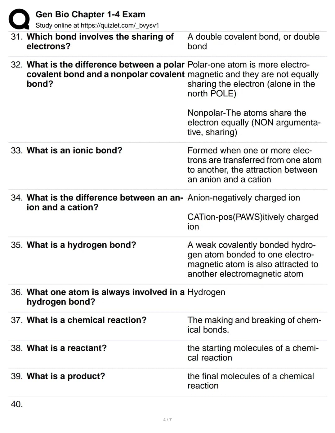 Q
1. What is biology?
2. What are emergent properties?
Gen Bio Chapter 1-4 Exam
Study online at https://quizlet.com/_bvysv1
3. What is the c