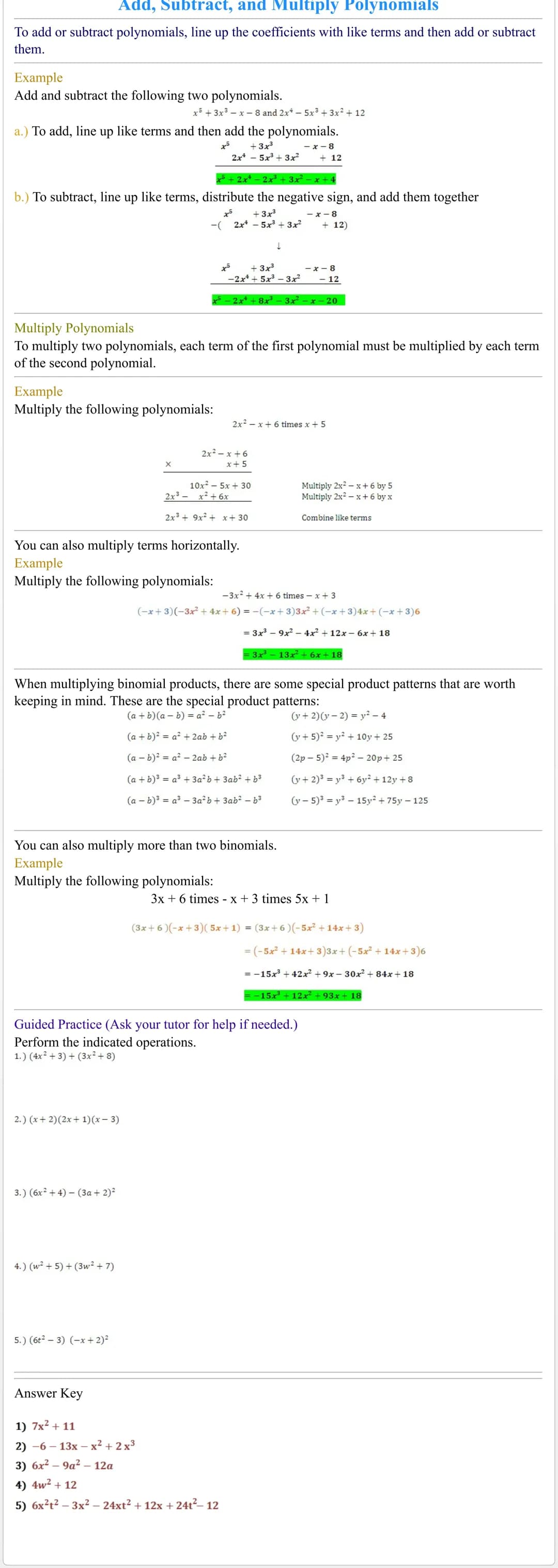 Adding, Subtracting, and Multiplying Polynomials