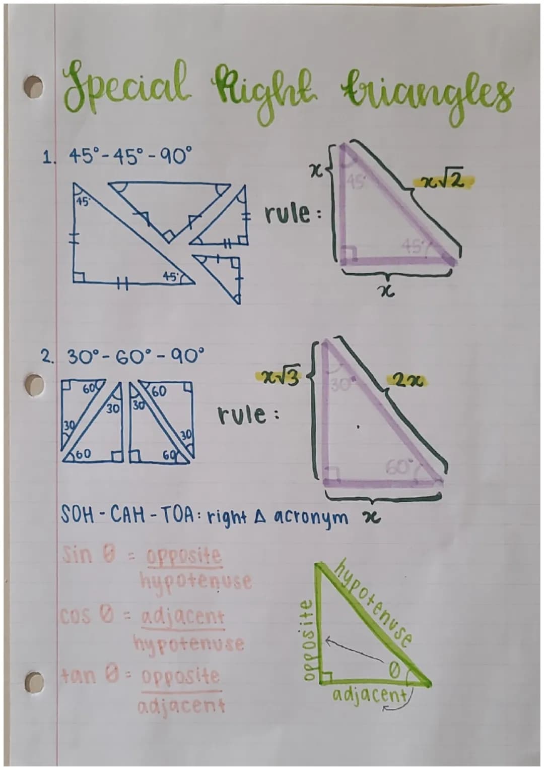 Special Right triangles
1. 45°-45°-90°
30
60
+
2. 30° -60°-90°
260
45
30
60
Z
60
rule:
hypotenuse
cos = adjacent
hypotenuse
rule:
x√√3
tan =