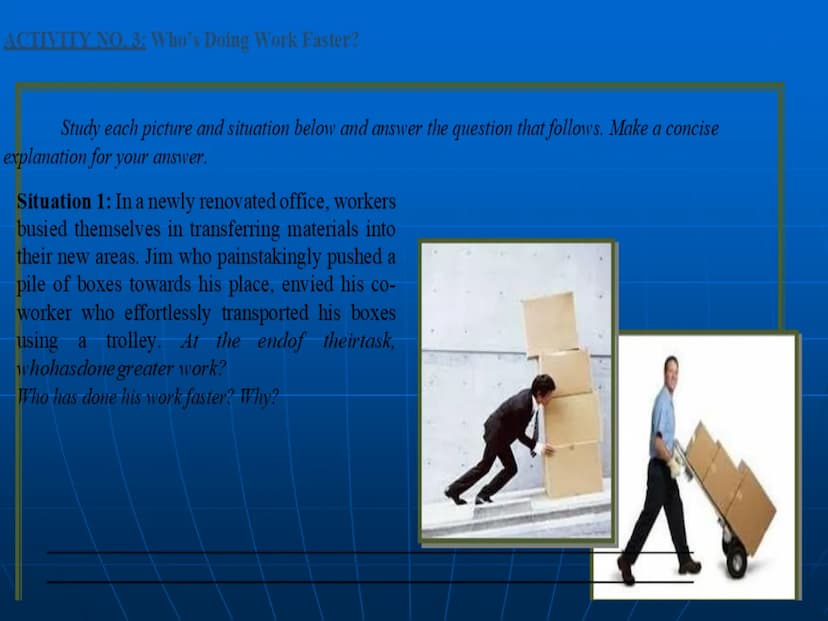 Power and Energy Power
■ Rate at which work is done; amount of
work done per second
■ Power (in watts)= work (J)/time (s)
P=W/t
■ If lifting